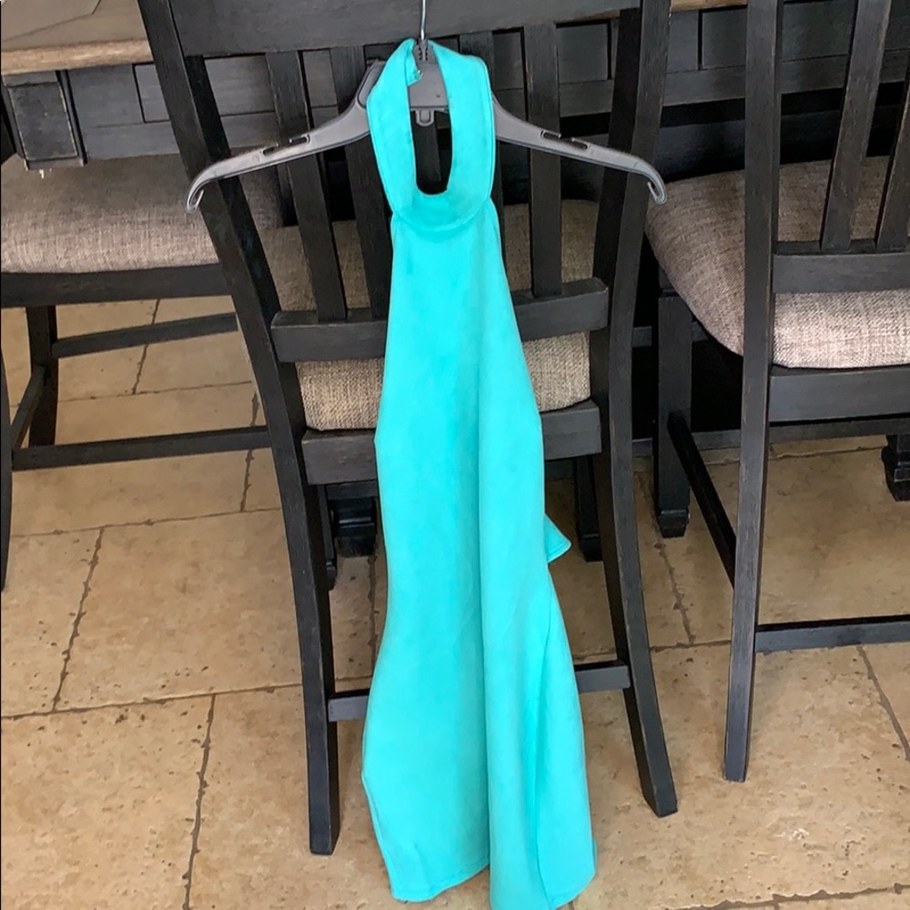 Halter neck turquoise BEbe mini dress backless